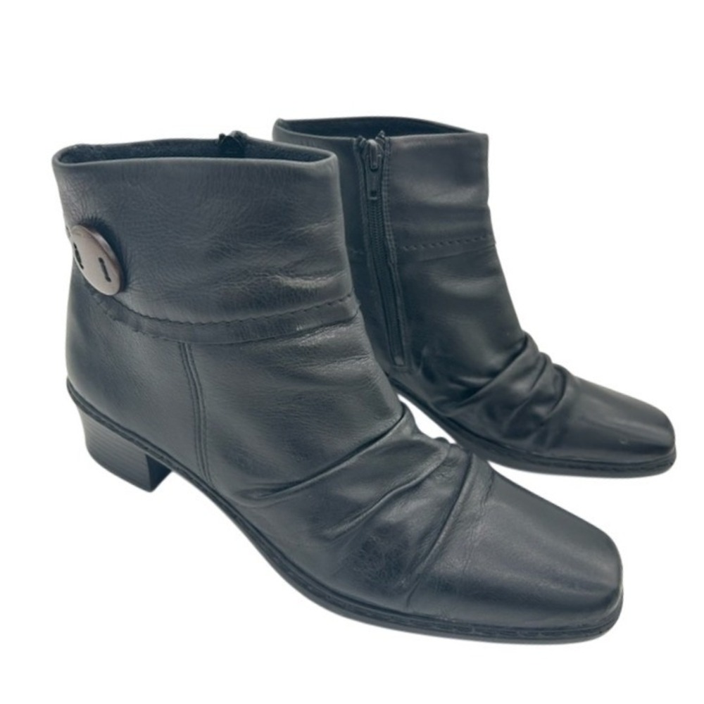 Rieker Ankle Boots Women's Size 41 US 10 Black Leather Ruched Button Square Zip